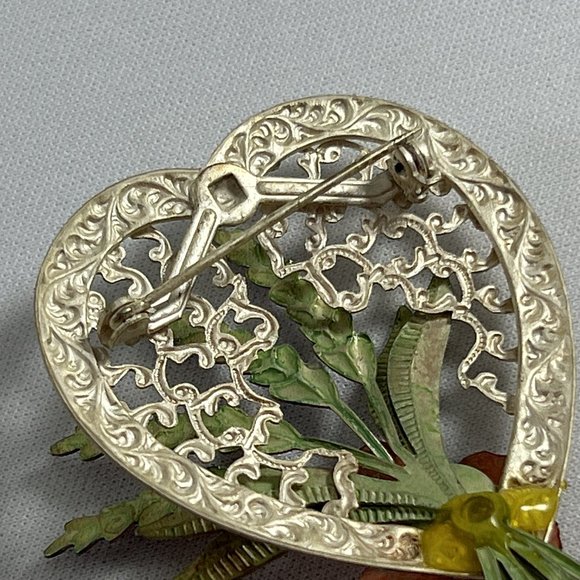 Vintage Open Metal Heart Flower Brooch Pin Pink Purple Cottagecore 2.25" X 1.75" - Picture 8 of 9